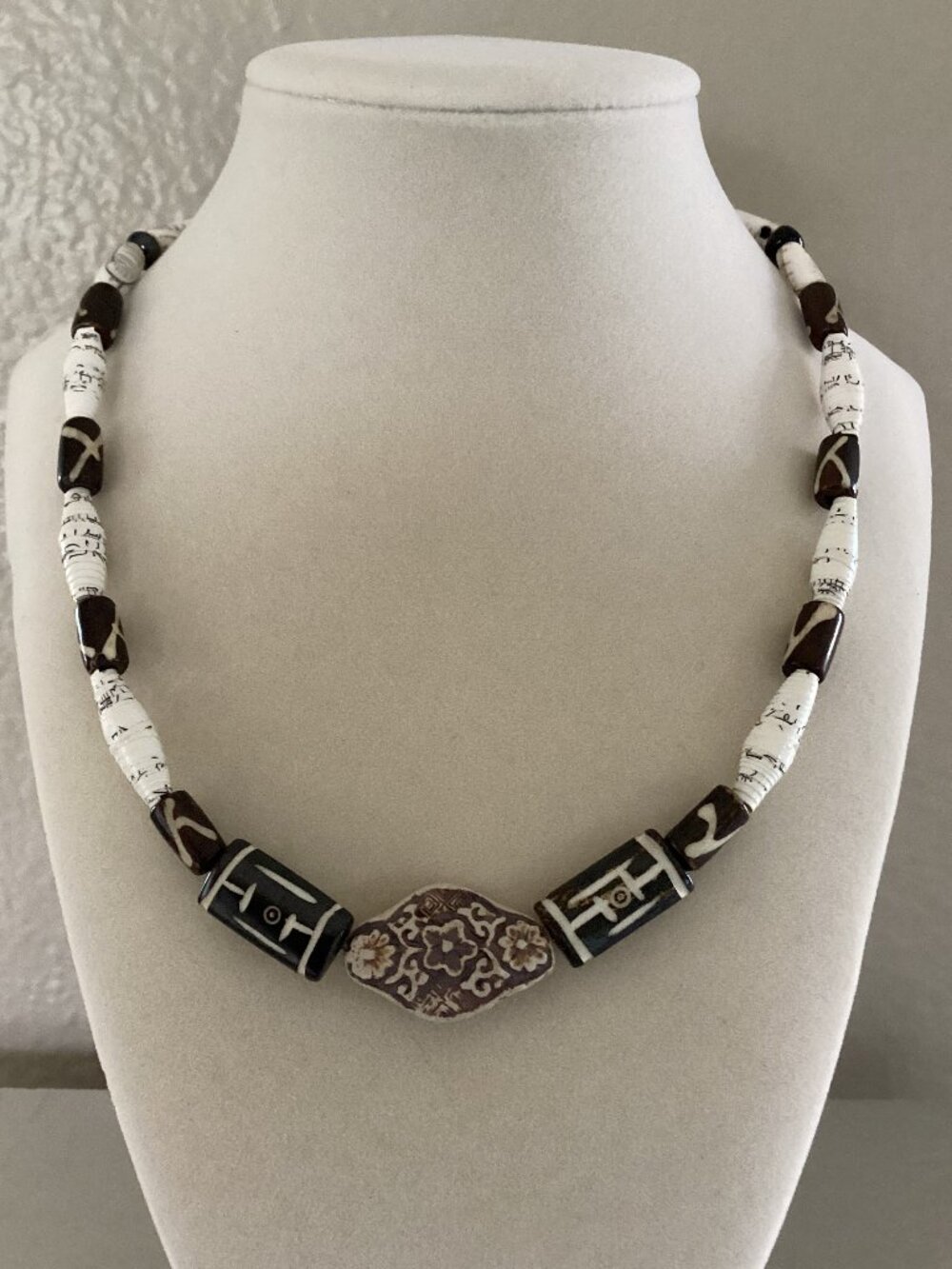 Black and white beaded necklace with artisan toggle clasp, 18 inches